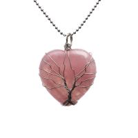 Quartz Necklace, Rose Quartz, with 304 Stainless Steel Chain & brass wire & Wax Cord, Heart, silver color plated, Unisex pink .7 Inch 