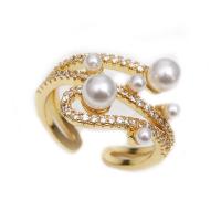 Brass Cuff Finger Ring, with Plastic Pearl, gold color plated & micro pave cubic zirconia & for woman, 15mm 