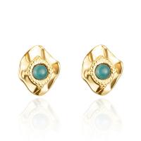 Titanium Steel Earrings, with Natural Stone, 14K gold plated, fashion jewelry & for woman, gold, 14mm 