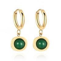 Aro aro gota pendiente, Partículas de acero, con Ágata verde, chapado en oro de 14 K, Joyería & para mujer, verde, 25mm, Vendido por Par