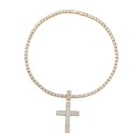 Rhinestone Zinc Alloy Necklace, Cross, gold color plated, fashion jewelry & for woman & with rhinestone, golden, 69mm .26 Inch 