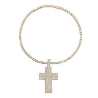 Rhinestone Zinc Alloy Necklace, Cross, gold color plated, fashion jewelry & for woman & with rhinestone, golden, 81mm .26 Inch 