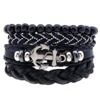 Cowhide Bracelets, with PU Leather & Wood & Zinc Alloy, 4 pieces & fashion jewelry & multilayer & Unisex black, 180mm 