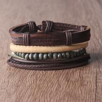 Cowhide Bracelets, with PU Leather & Wood, 4 pieces & Adjustable & fashion jewelry & multilayer & Unisex, 180mm 
