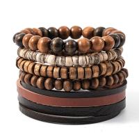 Cowhide Bracelets, with Coco & Wax Cord & Wood, 5 pieces & Adjustable & fashion jewelry & multilayer & Unisex, coffee color, 180mm 