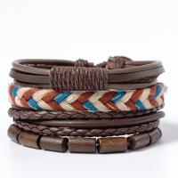 Cowhide Bracelets, with Wax Cord & Wood, 4 pieces & Adjustable & fashion jewelry & multilayer & Unisex, coffee color, 180mm 