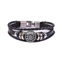 Cowhide Bracelets, with PU Leather & Zinc Alloy, three layers & Adjustable & fashion jewelry & Unisex, black 