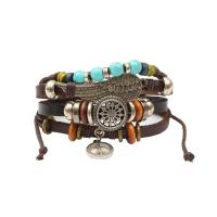 Cowhide Bracelets, with turquoise & Wax Cord & Zinc Alloy, Adjustable & fashion jewelry & multilayer & Unisex, multi-colored 