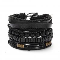 Cowhide Bracelets, with PU Leather & Wax Cord & Wood & Zinc Alloy, 4 pieces & Adjustable & fashion jewelry & multilayer & Unisex 180mm 