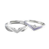 Couple Finger Rings, 925 Sterling Silver, polished, adjustable & for couple & enamel & with rhinestone 