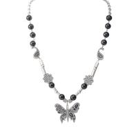 Titanium Steel Sweater Necklace, with Plastic Pearl, Butterfly, polished, punk style & Unisex & blacken Approx 23.62 Inch 