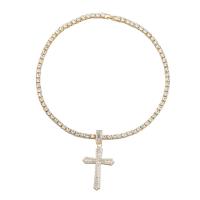 Rhinestone Zinc Alloy Necklace, Cross, gold color plated, fashion jewelry & for woman & with rhinestone, golden, 71mm .26 Inch 