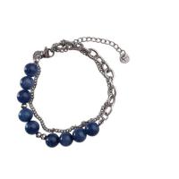 Gemstone Bracelets, Titanium Steel, with Gemstone, with 5cm extender chain, Round, Double Layer & fashion jewelry & adjustable & for woman, blue cm 