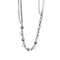 Titanium Steel Jewelry Necklace, with Glass Beads & Plastic Pearl & Zinc Alloy, with 7cm extender chain, Round, silver color plated, fashion jewelry & adjustable & for woman, silver color cm 