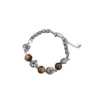 Titanium Steel Bracelet & Bangle, with Tiger Eye, with 5cm extender chain, Round, Vacuum Ion Plating, fashion jewelry & Unisex & adjustable, silver color .5 cm 