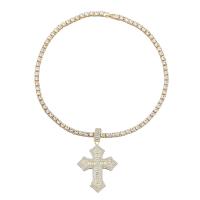 Rhinestone Zinc Alloy Necklace, Cross, gold color plated, fashion jewelry & for woman & with rhinestone, golden, 77mm .26 