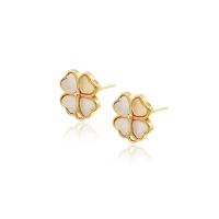 Brass Earring Drop Component, with Shell, Four Leaf Clover, 14K gold plated, DIY, white, 10mm 
