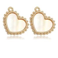 Brass Heart Pendants, with White Shell, 14K gold plated, Unisex, white 