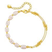 Cultured Freshwater Pearl Brass Bracelet, with Freshwater Pearl, with 2.36inch extender chain, Double Layer & fashion jewelry & for woman, golden Approx 6.69 Inch 