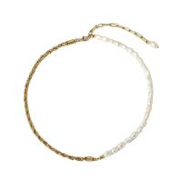 Natural Freshwater Pearl Necklace, 304 Stainless Steel, with Freshwater Pearl, with 1.57inch extender chain, 18K gold plated, fashion jewelry & for woman, golden, 4.68mm,6.43mm Approx 17.52 Inch 