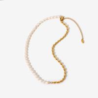 Natural Freshwater Pearl Necklace, 304 Stainless Steel, with Freshwater Pearl, with 3.35inch extender chain, 18K gold plated, fashion jewelry & for woman, golden Approx 15.94 Inch 