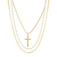 Fashion Multi Layer Necklace, Titanium Steel, with Plastic Pearl, with 4cm,4.5cm extender chain, Cross, Vacuum Ion Plating, three layers & fashion jewelry & adjustable & for woman, golden, 12mm Approx 33 cm, Approx 35.2 cm, Approx 40 cm 