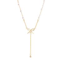 Titanium Steel Jewelry Necklace, with Plastic Pearl, with 5cm extender chain, Bowknot, Vacuum Ion Plating, fashion jewelry & adjustable & micro pave cubic zirconia & for woman, golden Approx 42 cm 