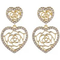 Zinc Alloy Rhinestone Drop Earring, with Rhinestone, Heart, gold color plated, fashion jewelry & high quality plated & for woman & with rhinestone & hollow, 39mm 