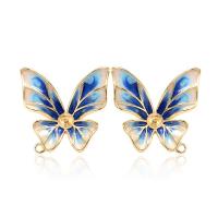 Brass Earring Drop Component, Butterfly, 14K gold plated, DIY & enamel, blue 