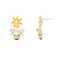 Rhinestone Brass Drop Earring, with Plastic Pearl, Bee, 14K gold plated, for woman & enamel & with rhinestone 