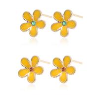 Brass Earring Drop Component, with Cubic Zirconia, Flower, 14K gold plated, DIY & enamel 11mm 
