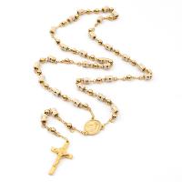 Rosary Necklace, 304 Stainless Steel, with Zinc Alloy, Cross, Galvanic plating, Unisex & enamel, golden, 6mm .56 Inch 