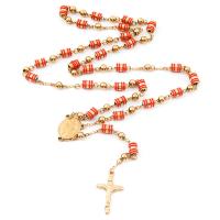 Rosary Necklace, 304 Stainless Steel, with Zinc Alloy, Cross, Galvanic plating, Unisex & enamel, red, 6mm .56 Inch 