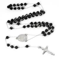Rosary Necklace, Crystal, with 304 Stainless Steel & Zinc Alloy, Cross, Galvanic plating, Unisex, Jet, 6mm .56 Inch 