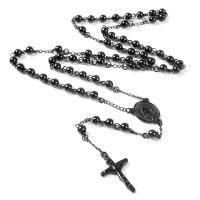 Rosary Necklace, 304 Stainless Steel, with Zinc Alloy, Cross, Galvanic plating, Unisex, black, 5mm .59 Inch 