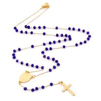 Rosary Necklace, 304 Stainless Steel, with Crystal & Zinc Alloy, Cross, Galvanic plating, Unisex, blue, 3.5mm .69 Inch 