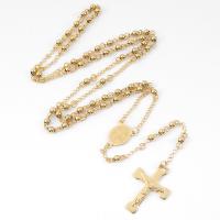 Rosary Necklace, 304 Stainless Steel, with Zinc Alloy, Cross, Galvanic plating, Unisex, golden, 4mm .69 Inch 
