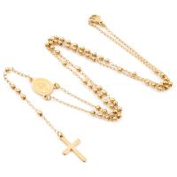 Rosary Necklace, 304 Stainless Steel, with Zinc Alloy, Cross, Galvanic plating, Unisex, golden, 3mm .69 Inch 
