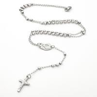 Rosary Necklace, 304 Stainless Steel, with Zinc Alloy, Cross, Galvanic plating, Unisex .56 Inch 