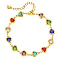 Rhinestone Brass Bracelets, with Glass Rhinestone, with 2.36inch extender chain, Heart, 18K gold plated, fashion jewelry & for woman, golden Approx 6.49 Inch 