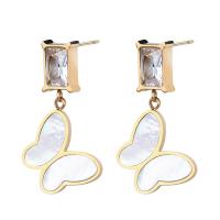 Titanium Steel Earrings, with White Shell, Butterfly, Vacuum Ion Plating, fashion jewelry & micro pave cubic zirconia & for woman 