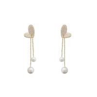 Fashion Fringe Earrings, Brass, with Plastic Pearl, Heart, gold color plated, fashion jewelry & micro pave cubic zirconia & for woman, golden 