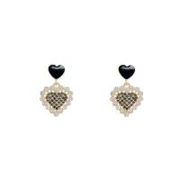 Zinc Alloy Rhinestone Drop Earring, with Resin, Heart, high quality gold color plated, fashion jewelry & for woman & with rhinestone, black 