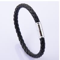 Zinc Alloy Bracelet, with PU Leather, Vacuum Ion Plating, braided bracelet & for man, black, 210mm 