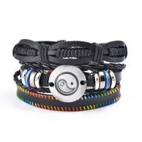 Cowhide Bracelet Set, with Zinc Alloy, handmade, Adjustable & multilayer & braided bracelet & ying yang & Unisex 