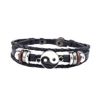 Cowhide Bracelets, with Zinc Alloy, handmade, braided bracelet & ying yang & Unisex & enamel, black, 220mm 