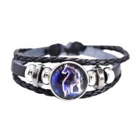 Cuir synthétique bracelet, avec verre, fait à la main, Réglable & bracelet tressé & unisexe & lumineux, noire, Vendu par PC