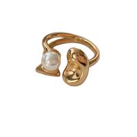 Brass Cuff Finger Ring, with Plastic Pearl, Flower, 18K gold plated, adjustable & for woman, US Ring 