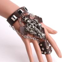Cuir bracelet anneau, avec alliage de zinc, crane, Placage de couleur platine, le style de punk & unisexe & réglable, couleur de café Environ 6.7-7.8 pouce, Vendu par PC