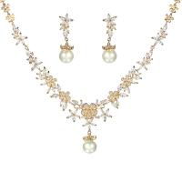 Cubic Zirconia Micro Pave Brass Jewelry Sets, earring & necklace, with Plastic Pearl, gold color plated, 2 pieces & micro pave cubic zirconia & for woman, 50mm Approx 16 Inch 